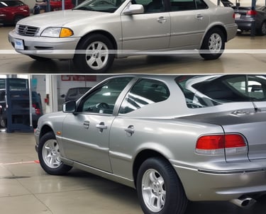 A close-up of a technician carefully spraying fresh paint onto a sleek car body in a bright, clean workshop.