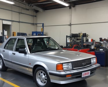 A mechanic using specialized tools to gently massage out a dent on a car door under bright workshop lights.