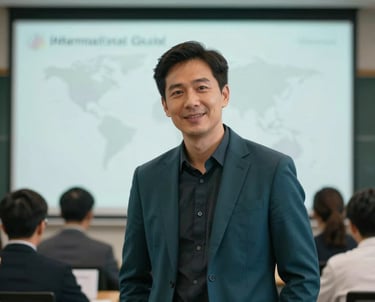 Portrait of a corporate trainer in an International / Global workshop space, wearing professional attire in dark teal, with a friendly and intelligent expression.