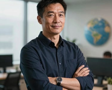 Portrait of a professional coach in an International / Global office environment, looking confident and approachable, with soft natural light.