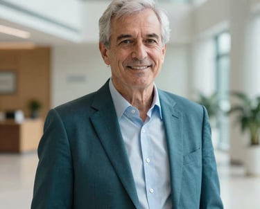 Portrait of a senior consultant in an International / Global corporate setting, dressed in professional attire with teal accents, standing in a bright and airy hall.