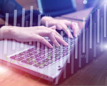 A woman typing on a laptop overlaid with performance metrics