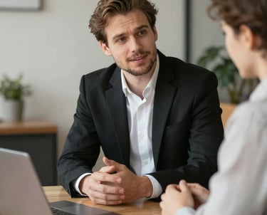 A compassionate consultant speaking with a relieved client in a cozy office setting.