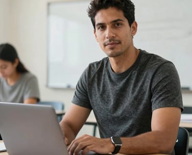 Professional portrait of a male South American instructor in a clean, well-lit classroom setting with a laptop, looking encouragingly towards the camera.