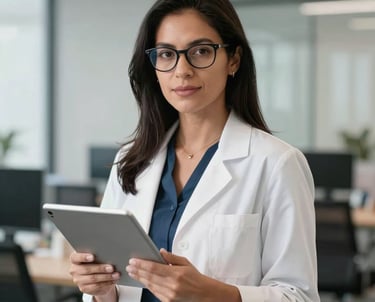 Professional portrait of a female South American specialist with glasses, holding a tablet and looking professional in a clean, contemporary office environment.