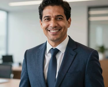 Professional portrait of a male South American consultant in business attire, smiling warmly in a bright, modern Colombian office setting with soft focus background.