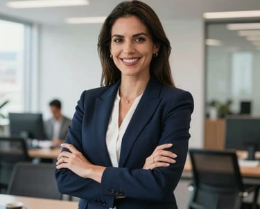 Professional portrait of a female South American executive in a tailored navy blazer, smiling confidently in a modern bright office in Bogotá, Colombia.