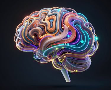 Digital brain formed from stars and circuits illuminating a cosmic background.