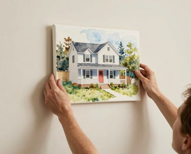 A set of hands in a North American / US home carefully hanging a watercolor canvas of a house on a clean, cream-colored wall.