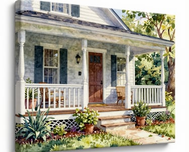A close-up of a high-quality canvas print showing the delicate watercolor textures of a home's front porch and garden.