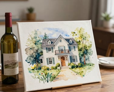 A festive housewarming scene in a North American / US home with a custom watercolor canvas placed on a table next to a bottle of wine and a small plant.