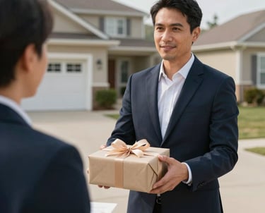 A professional real estate agent in a North American / US suburban driveway, holding a beautifully wrapped square gift with a ribbon, looking ready to present it to a client.