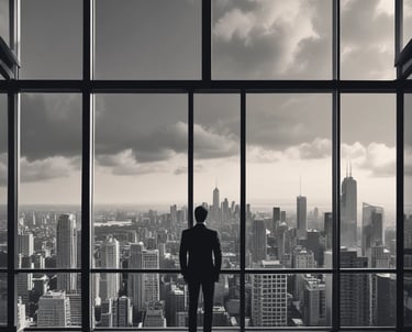 A confident entrepreneur reviewing business plans in a bright office.