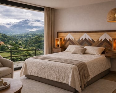 Cabecero de cama con disñeo de montañas en palillería y mesitas integradas