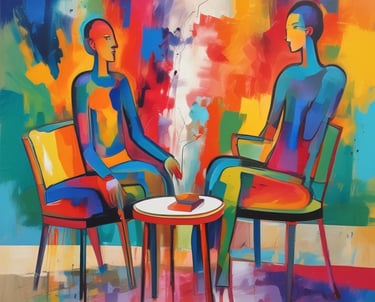 A calm, inviting consultation space with soft purple accents and cozy seating.