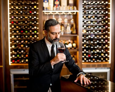 A man smelling wine near a cellar