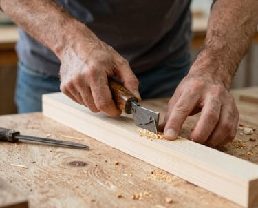 A craftsman carefully engraving a wooden panel with a laser in a cozy workshop.