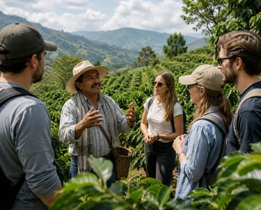campesino colombiano en un cultivo de cafe que habla a 4 turistas extranjeros