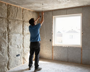 A construction worker carefully applying plaster on an interior wall.