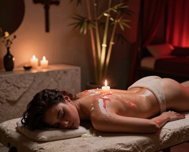 A romantic couple sharing a tender moment in a softly lit room with blue and yellow tones.