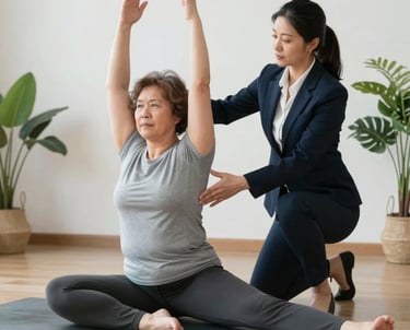 A focused executive receiving personalized yoga instruction in a calm studio.