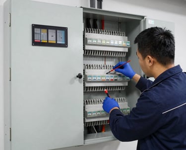 Skilled workers installing modern electrical wiring on a new home construction site.