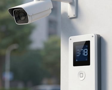 Wall-mounted digital CCTV security control panels with keypad and LCD monitors for office surveillance.