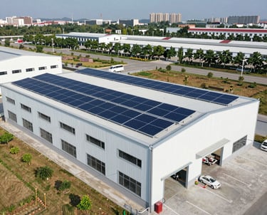 A sleek modern industrial facility with solar panels and wind turbines in the background under a clear blue sky.