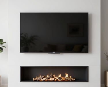 A technician carefully mounting a flat-screen TV on a living room wall with neat cable management.