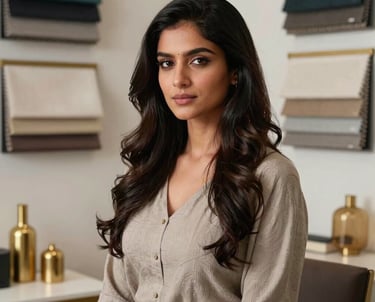 A portrait of a female South Asian stylist in a modern studio environment surrounded by luxury fabric swatches and gold home accents.