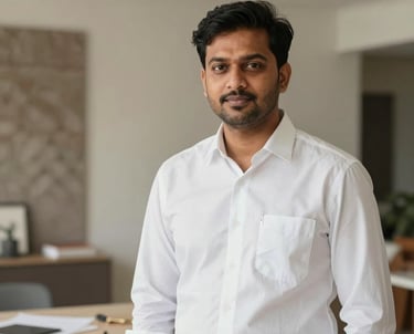 A portrait of a male South Asian project manager in a clean white shirt, standing at an active but tidy interior design site in Ranchi, looking professional.