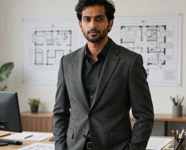 A portrait of a male South Asian interior designer in a sharp dark grey blazer, standing in a bright, modern design studio with architecture plans in the background.