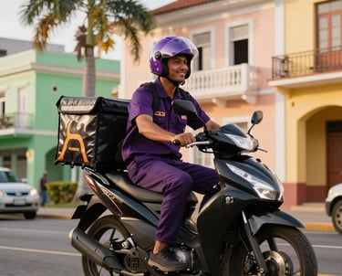 A vibrant Caribbean street scene with a delivery rider on a motorbike carrying food packages.