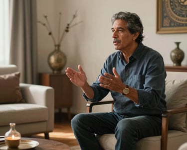 A sophisticated South American / Brazilian spiritual advisor in an elegant and discrete consultation room. The advisor is gesturing warmly, conveying empathy and professionalism. The room is decorated with subtle mystical elements and high-end furniture, illuminated by soft morning light.