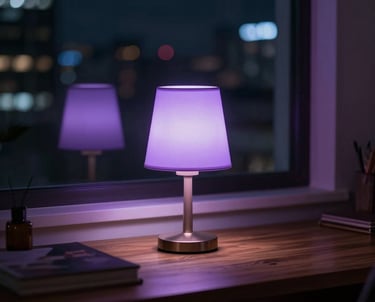 A serene and atmospheric photograph of a South American / Brazilian interior at night. A small, elegant lamp casts a soft lavender glow onto a wooden desk, symbolizing constant availability and care. The background shows a dimly lit urban view through a window, conveying a 24-hour commitment.