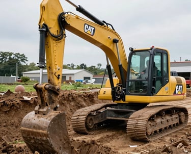 A yellow Caterpillar hydraulic excavator digging a trench at a site with #WORK on the arm