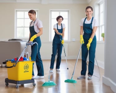 A friendly cleaner in uniform carefully wiping a spotless office desk with sunlight streaming through the window.