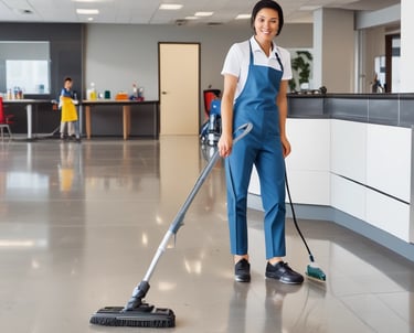 A professional cleaner carefully wiping a kitchen countertop in a bright, tidy home.