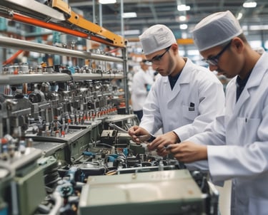 A busy factory floor with workers operating advanced machinery under bright lighting.