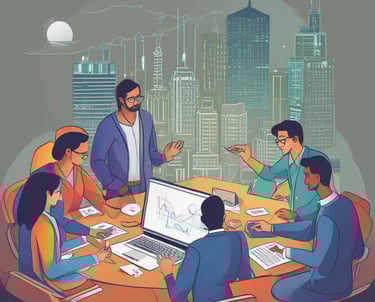 A modern office space with IT professionals collaborating over laptops and digital screens.