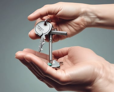A happy family receiving keys to their new home in a bright living room.