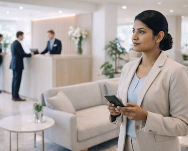 Indian mystery guest auditor observing hotel reception experience in a lobby