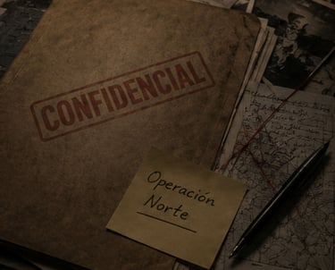 Vintage confidential folder with Operacion Norte note, old maps, and a fountain pen.