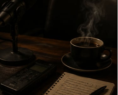 A steaming cup of coffee next to a podcast microphone, digital recorder, and notebook on a wooden desk.