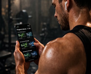 A sweaty man in a gym tracks his workout progress using a fitness training app on his smartphone.