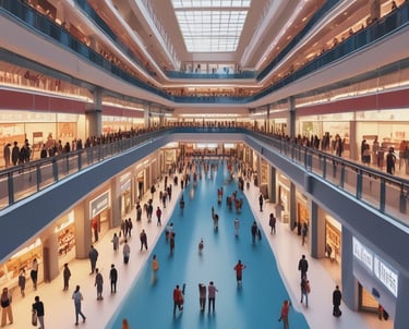 a large atrium with a lot of people walking around