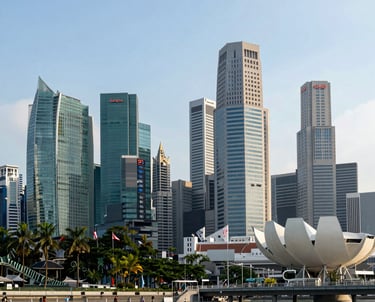 A confident professional discussing financial strategies with a small business owner in a modern Singapore office.