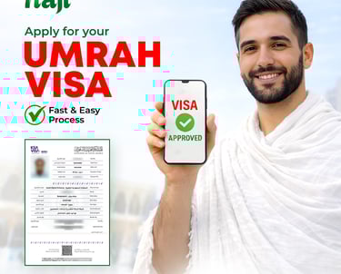 Smiling man in Ihram holding a smartphone showing an approved Umrah visa for Hajj and pilgrimage services.