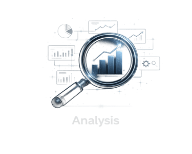 A magnifying glass focusing on glowing financial growth bar charts and data analysis icons.