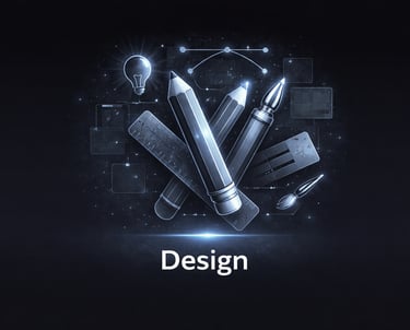 Digital graphic design concept featuring glowing pencils, a ruler, and a lightbulb icon on a dark background.